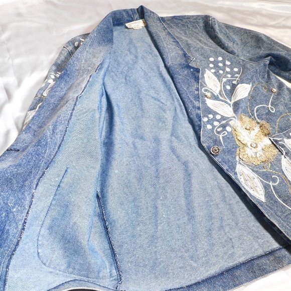 Unique VTG 80s Painted Bejeweled Blue Denim Jacket M L Lace Tuesdays Gift - Picture 11 of 15